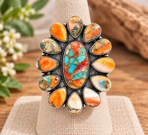 Southwestern Spiny Oyster Turquoise Statement Silver Ring Boho Artisan Design 6